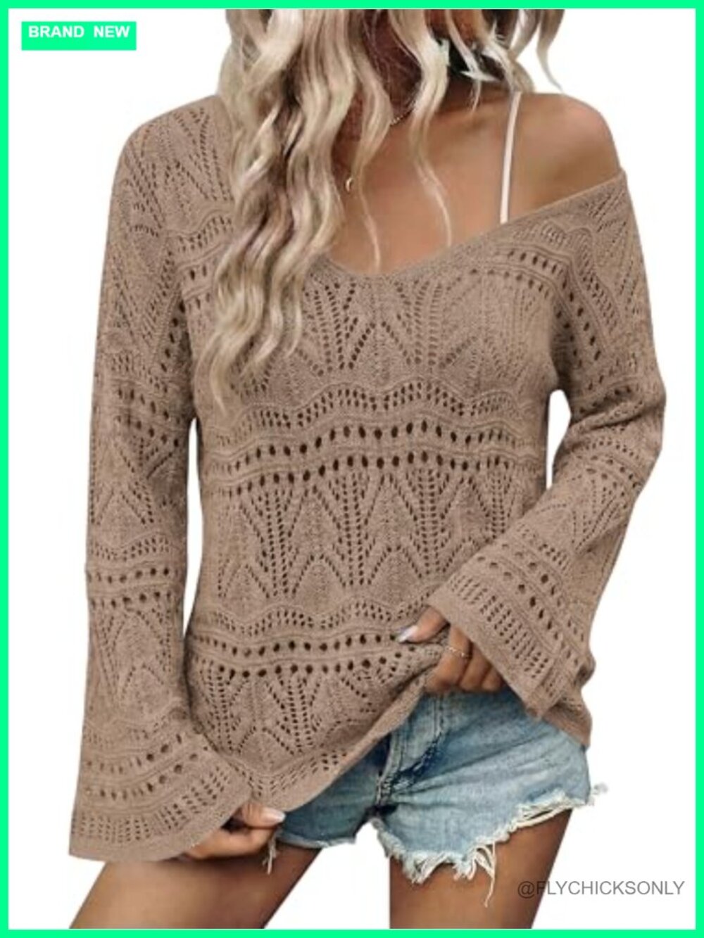 Boho Off Shoulder Crochet Knit Top Bell Sleeve Peasant Sweater
